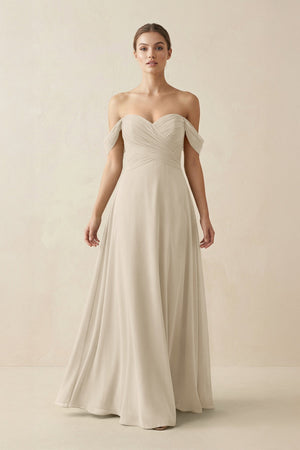 A-Line Off-the-Shoulder Chiffon Bridesmaid Dress in Champagne - SHE IS ME BRIDESMAID DRESSES