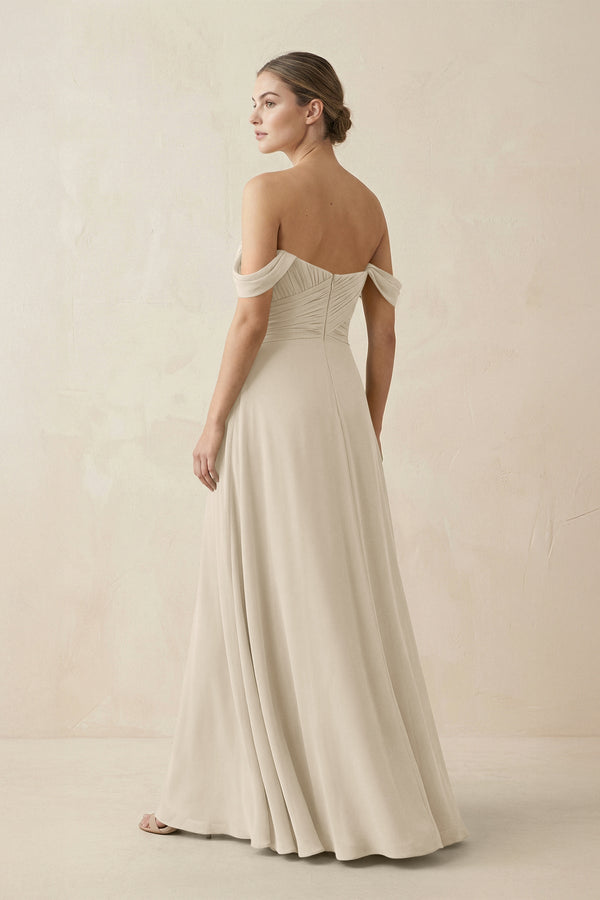 A-Line Off-the-Shoulder Chiffon Bridesmaid Dress in Champagne - SHE IS ME BRIDESMAID DRESSES
