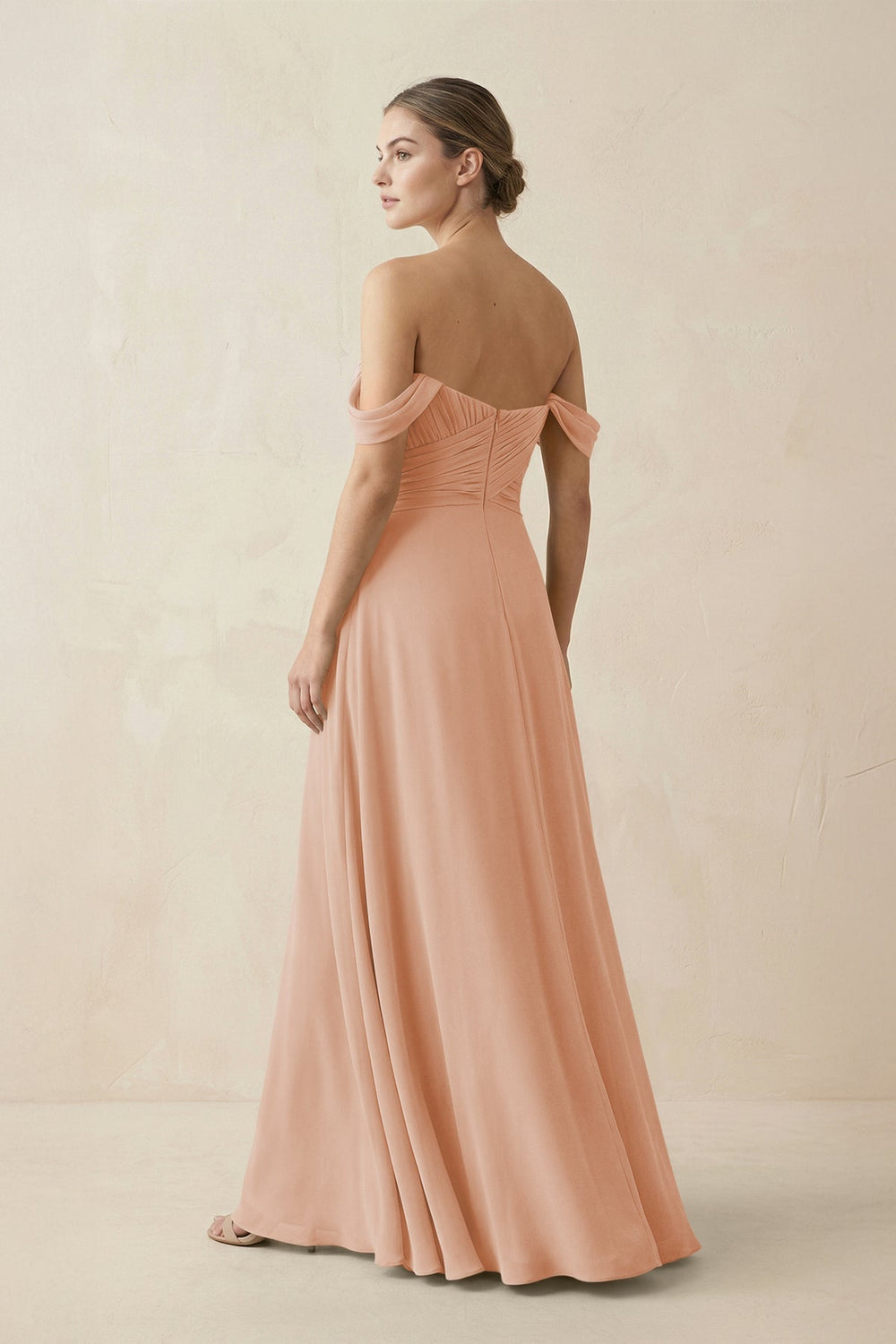 A-Line Off-the-Shoulder Chiffon Bridesmaid Dress in Champagne Rose - KISS BRIDAL BRIDESMAID DRESSES
