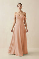A-Line Off-the-Shoulder Chiffon Bridesmaid Dress in Champagne Rose - SHE IS ME BRIDESMAID DRESSES