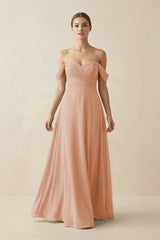 A-Line Off-the-Shoulder Chiffon Bridesmaid Dress in Champagne Rose - KISS BRIDAL BRIDESMAID DRESSES