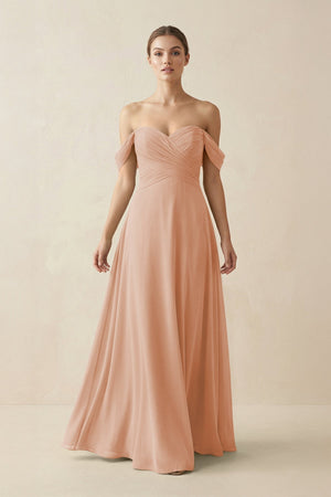 A-Line Off-the-Shoulder Chiffon Bridesmaid Dress in Champagne Rose - SHE IS ME BRIDESMAID DRESSES