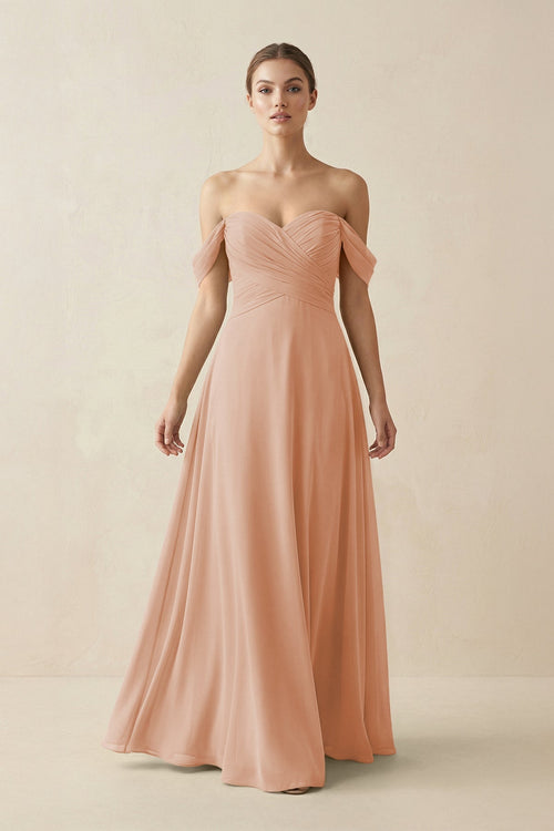 A-Line Off-the-Shoulder Chiffon Bridesmaid Dress in Champagne Rose - SHE IS ME BRIDESMAID DRESSES