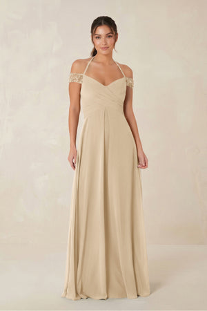 A-Line Off-the-Shoulder Chiffon Bridesmaid Dress in Champagne | KISSBRIDAL