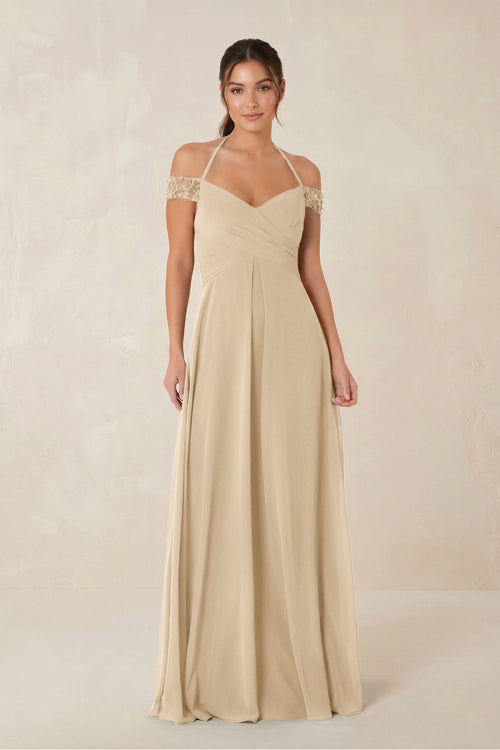 A-Line Off-the-Shoulder Chiffon Bridesmaid Dress in Champagne | KISSBRIDAL