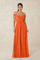 A-Line Off-the-Shoulder Chiffon Bridesmaid Dress in Cinnamon | KISSBRIDAL