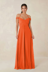 A-Line Off-the-Shoulder Chiffon Bridesmaid Dress in Cinnamon | KISSBRIDAL
