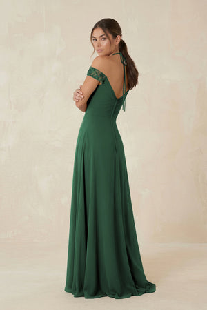 A-Line Off-the-Shoulder Chiffon Bridesmaid Dress in Dark Green (2) | KISSBRIDAL
