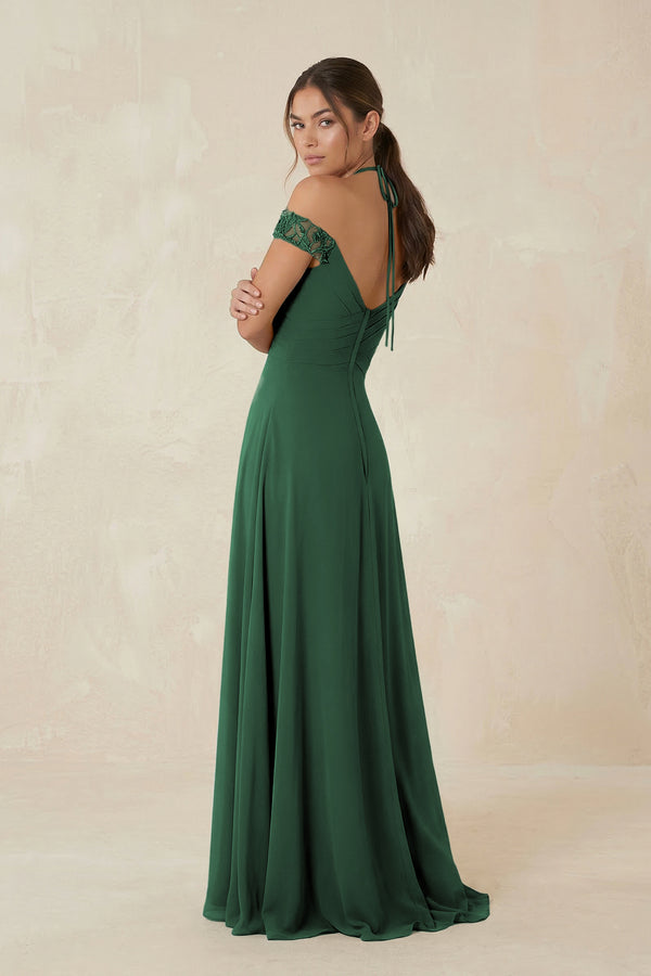 A-Line Off-the-Shoulder Chiffon Bridesmaid Dress in Dark Green (2) | KISSBRIDAL
