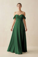 A-Line Off-the-Shoulder Chiffon Bridesmaid Dress in Dark Green - SHE IS ME BRIDESMAID DRESSES