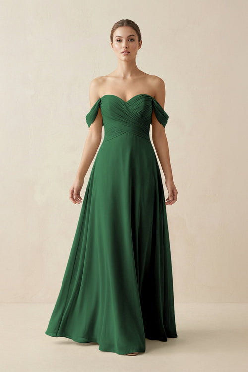 A-Line Off-the-Shoulder Chiffon Bridesmaid Dress in Dark Green - SHE IS ME BRIDESMAID DRESSES