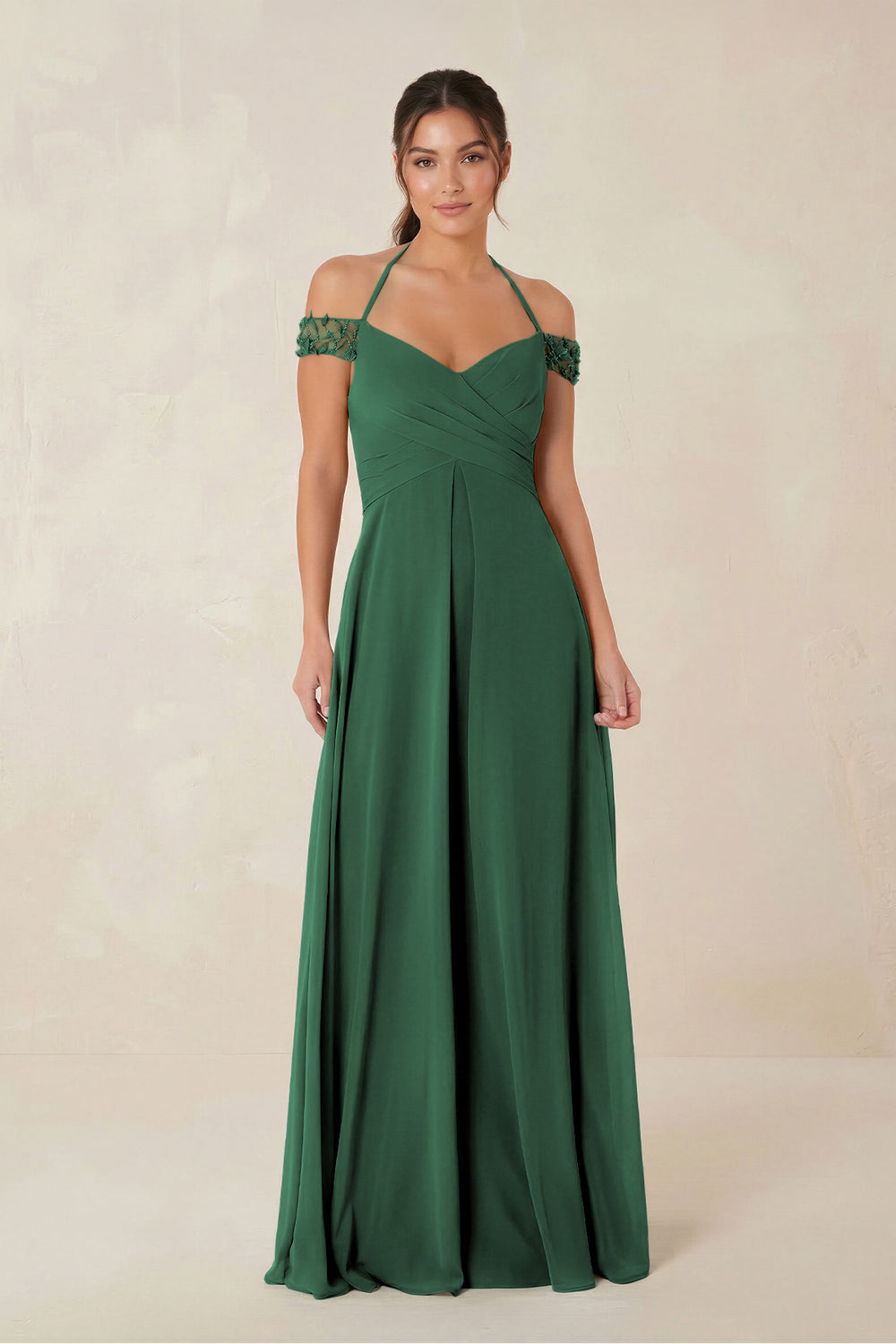 A-Line Off-the-Shoulder Chiffon Bridesmaid Dress in Dark Green