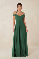 A-Line Off-the-Shoulder Chiffon Bridesmaid Dress in Dark Green | KISSBRIDAL