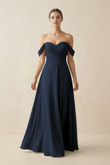 A-Line Off-the-Shoulder Chiffon Bridesmaid Dress in Dark Navy - KISS BRIDAL BRIDESMAID DRESSES