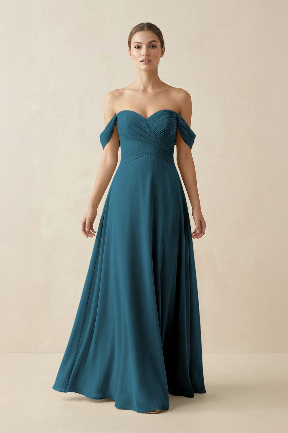 A-Line Off-the-Shoulder Chiffon Bridesmaid Dress in Dark Teal - KISS BRIDAL BRIDESMAID DRESSES