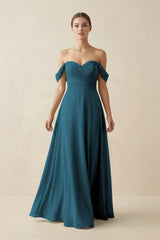 A-Line Off-the-Shoulder Chiffon Bridesmaid Dress in Dark Teal - KISS BRIDAL BRIDESMAID DRESSES
