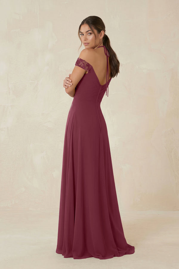A-Line Off-the-Shoulder Chiffon Bridesmaid Dress in Desert Rose (2) | KISSBRIDAL