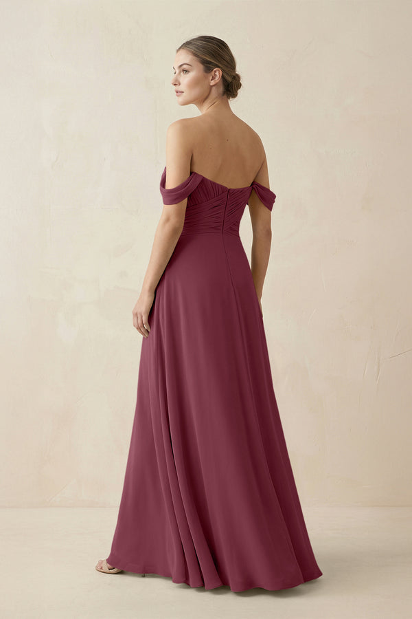 A-Line Off-the-Shoulder Chiffon Bridesmaid Dress in Desert Rose (2) | KISSBRIDAL