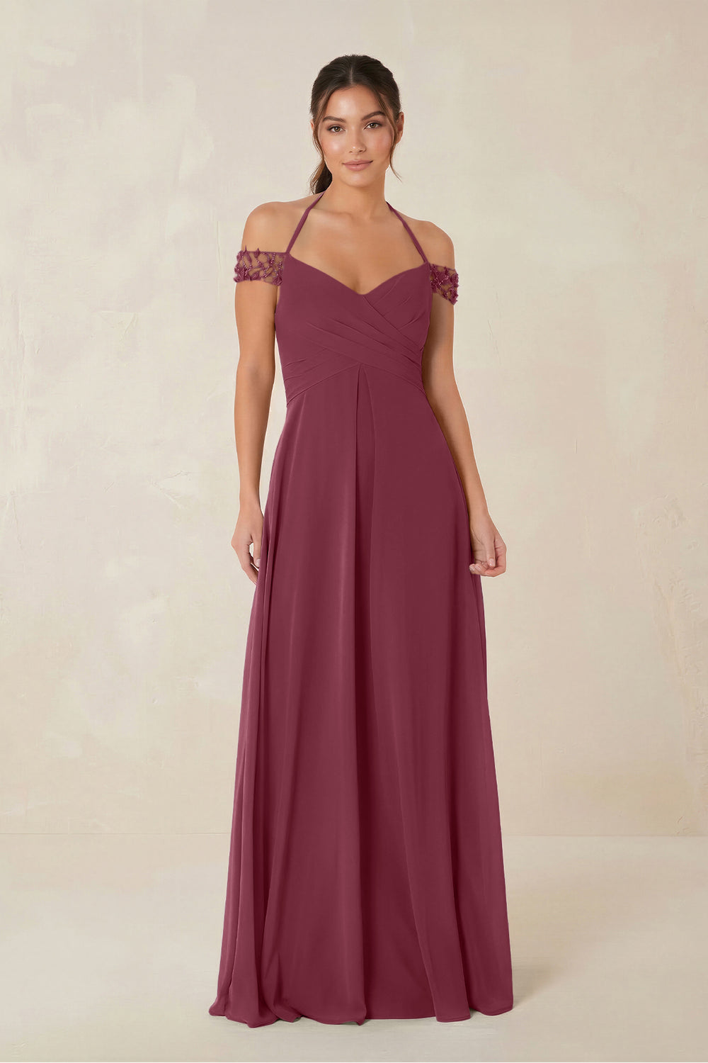 A-Line Off-the-Shoulder Chiffon Bridesmaid Dress in Desert Rose