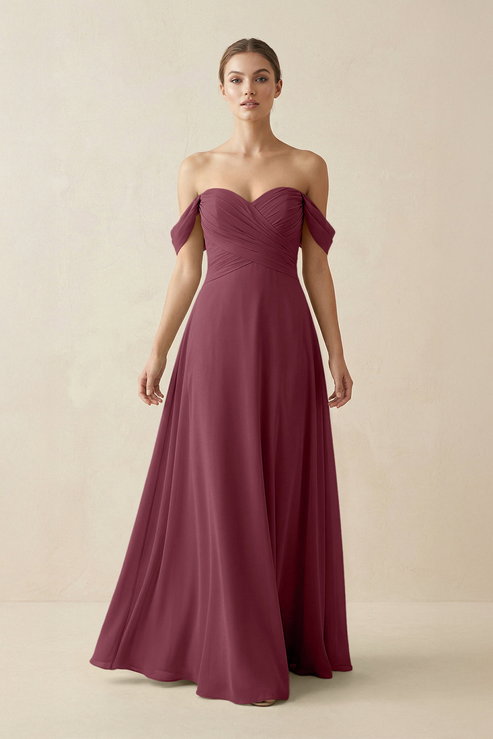 A-Line Off-the-Shoulder Chiffon Bridesmaid Dress in Desert Rose