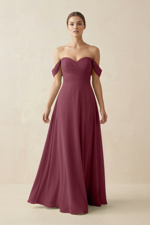 A-Line Off-the-Shoulder Chiffon Bridesmaid Dress in Desert Rose | KISSBRIDAL