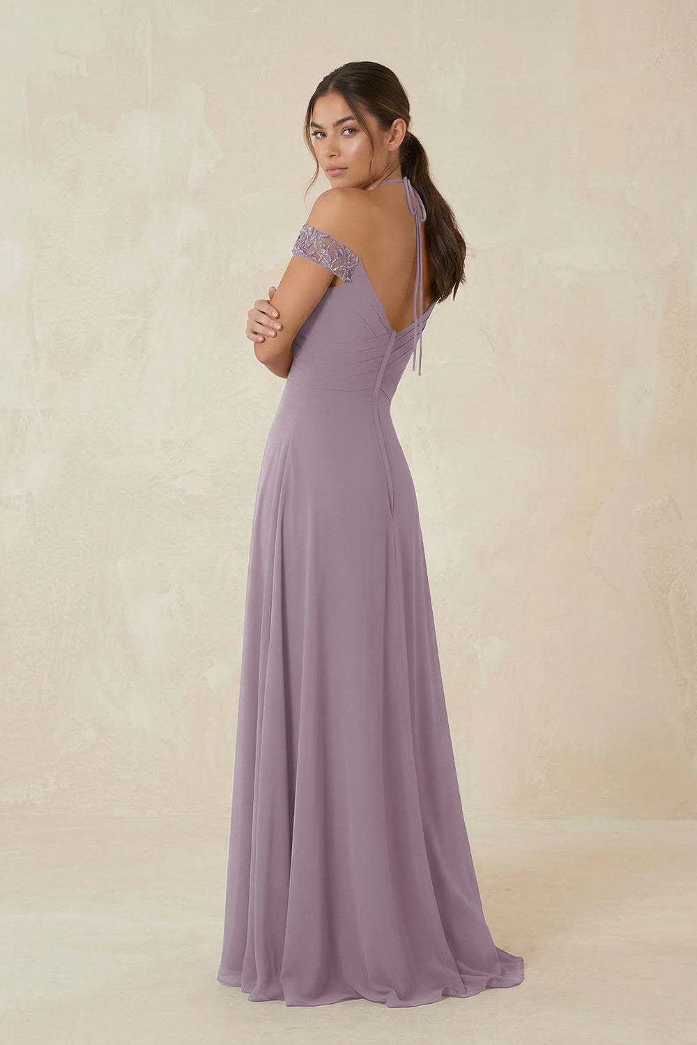 A-Line Off-the-Shoulder Chiffon Bridesmaid Dress in Dusk