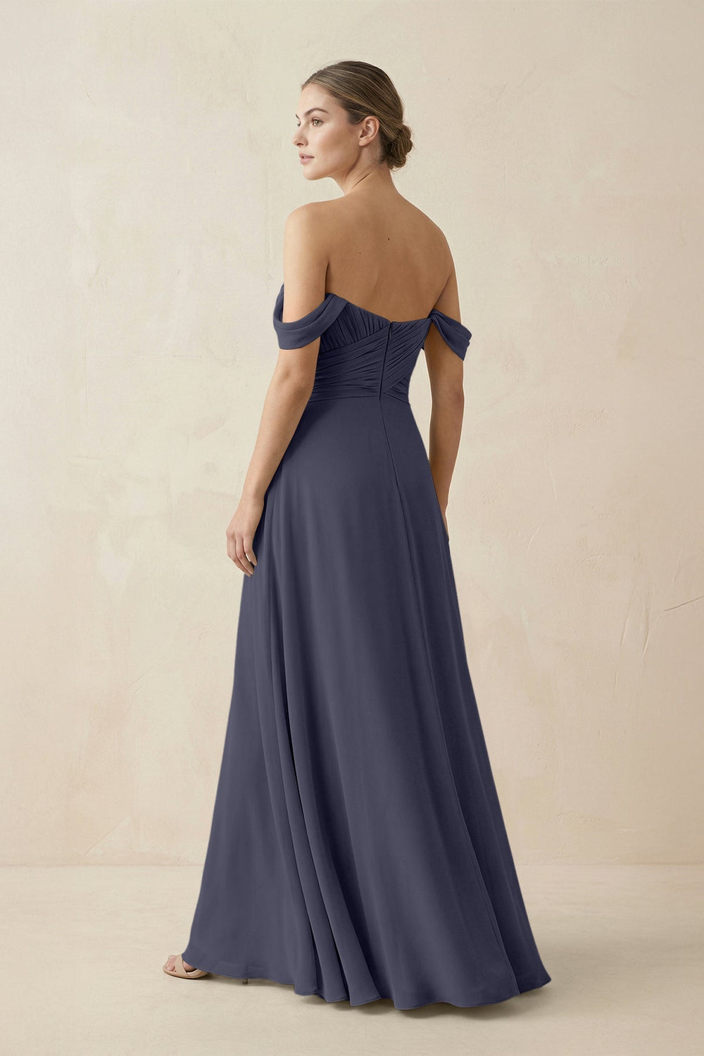 A-Line Off-the-Shoulder Chiffon Bridesmaid Dress in Dusk Blue - KISS BRIDAL BRIDESMAID DRESSES