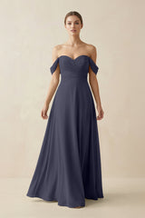 A-Line Off-the-Shoulder Chiffon Bridesmaid Dress in Dusk Blue - KISS BRIDAL BRIDESMAID DRESSES