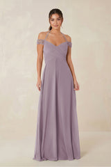 A-Line Off-the-Shoulder Chiffon Bridesmaid Dress in Dusk | KISSBRIDAL