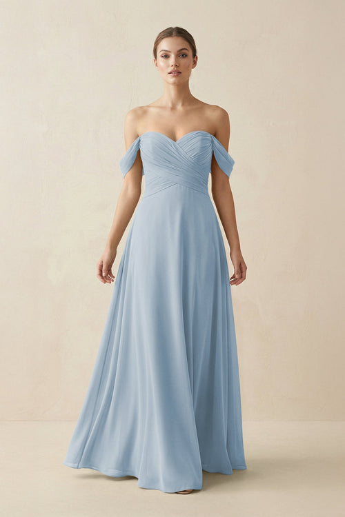 A-Line Off-the-Shoulder Chiffon Bridesmaid Dress in Dusty Blue - SHE IS ME BRIDESMAID DRESSES