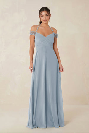 A-Line Off-the-Shoulder Chiffon Bridesmaid Dress in Dusty Blue | KISSBRIDAL