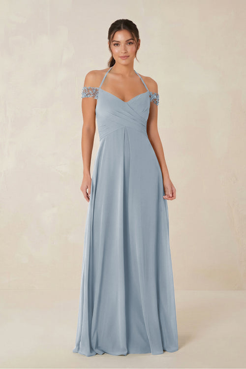A-Line Off-the-Shoulder Chiffon Bridesmaid Dress in Dusty Blue | KISSBRIDAL