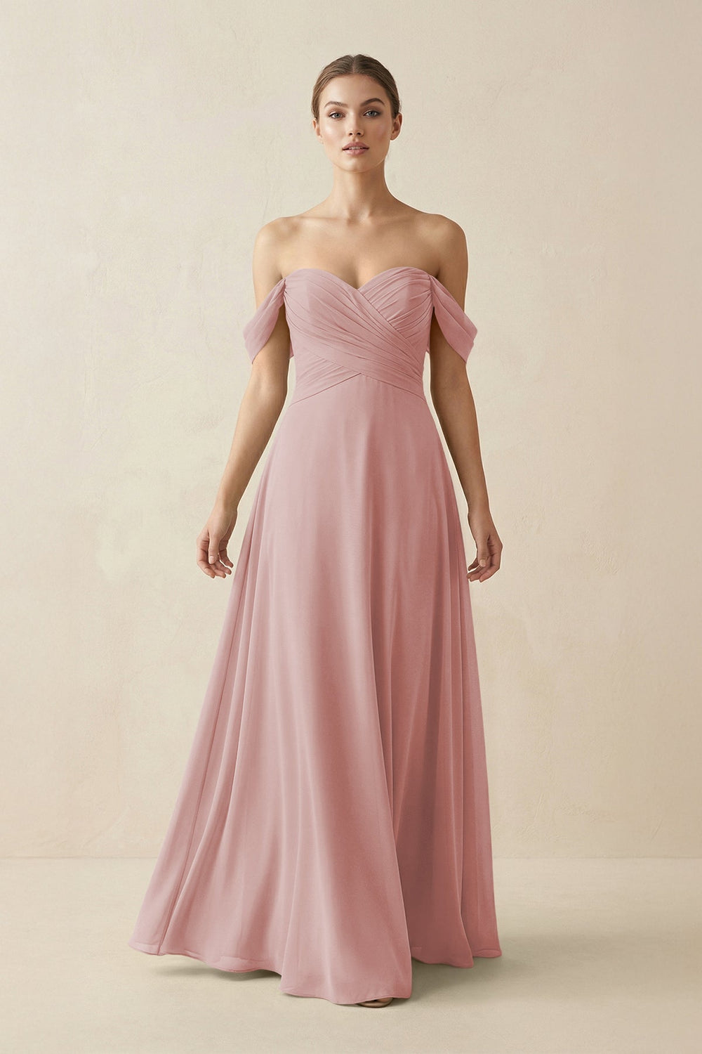 A-Line Off-the-Shoulder Chiffon Bridesmaid Dress in Dusty Rose - KISS BRIDAL BRIDESMAID DRESSES