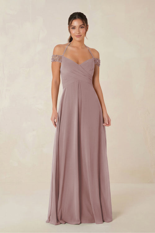 A-Line Off-the-Shoulder Chiffon Bridesmaid Dress in Dusty Rose | KISSBRIDAL