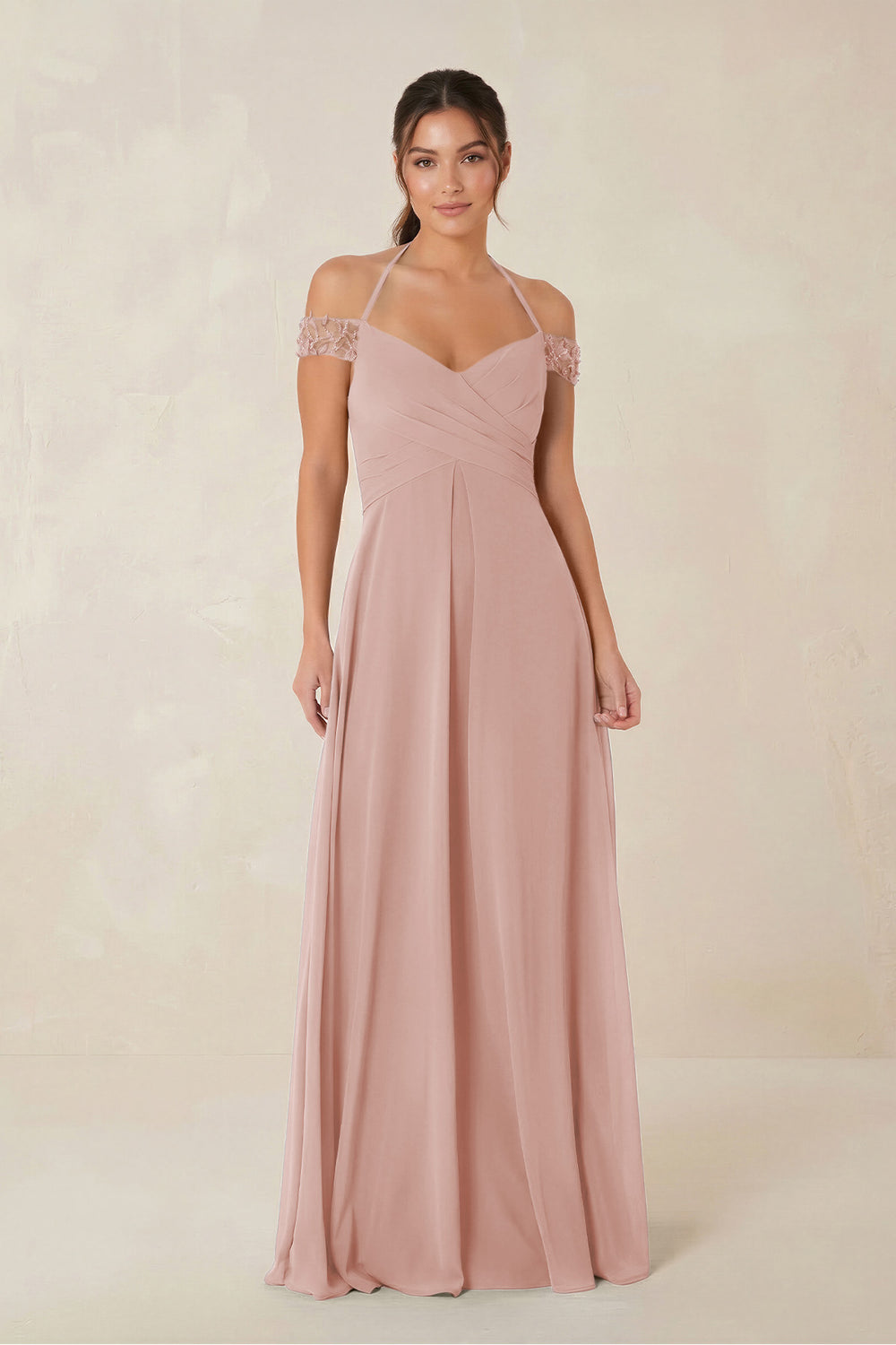 A-Line Off-the-Shoulder Chiffon Bridesmaid Dress in English Rose