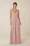 A-Line Off-the-Shoulder Chiffon Bridesmaid Dress in English Rose | KISSBRIDAL