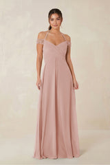 A-Line Off-the-Shoulder Chiffon Bridesmaid Dress in English Rose | KISSBRIDAL