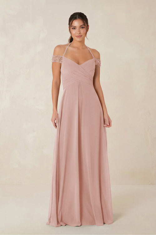 A-Line Off-the-Shoulder Chiffon Bridesmaid Dress in English Rose | KISSBRIDAL