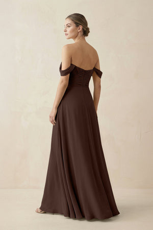 A-Line Off-the-Shoulder Chiffon Bridesmaid Dress in Espresso - SHE IS ME BRIDESMAID DRESSES