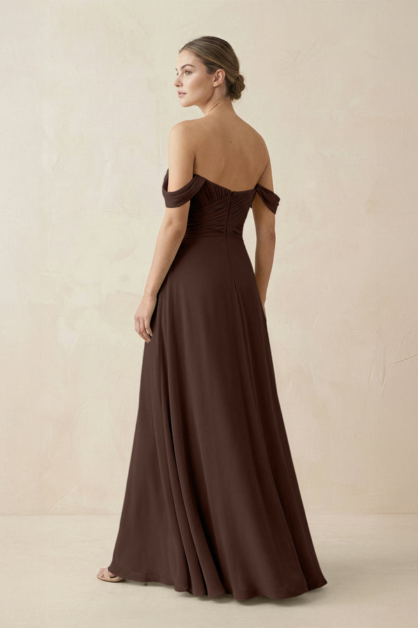A-Line Off-the-Shoulder Chiffon Bridesmaid Dress in Espresso - SHE IS ME BRIDESMAID DRESSES