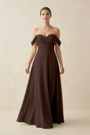 A-Line Off-the-Shoulder Chiffon Bridesmaid Dress in Espresso - SHE IS ME BRIDESMAID DRESSES