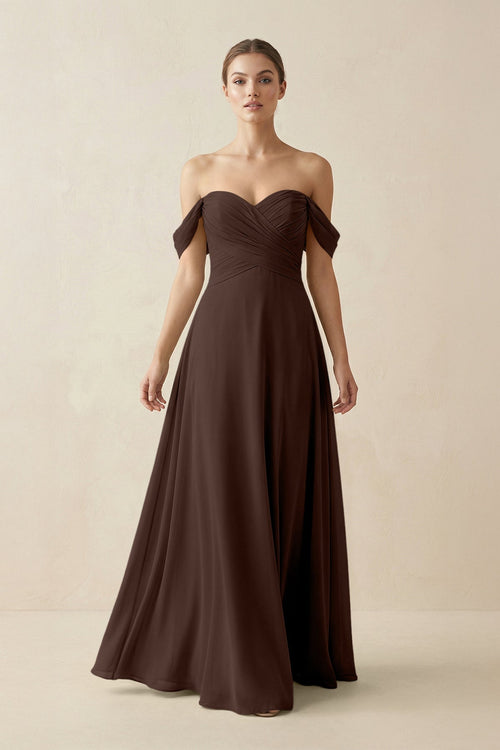 A-Line Off-the-Shoulder Chiffon Bridesmaid Dress in Espresso - SHE IS ME BRIDESMAID DRESSES