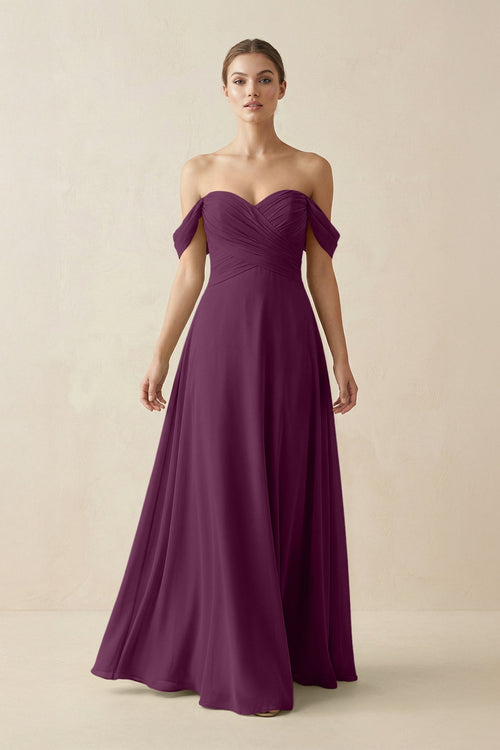 A-Line Off-the-Shoulder Chiffon Bridesmaid Dress in Fig - SHE IS ME BRIDESMAID DRESSES