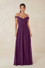 A-Line Off-the-Shoulder Chiffon Bridesmaid Dress in Fig | KISSBRIDAL
