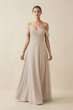 A-Line Off-the-Shoulder Chiffon Bridesmaid Dress in Frost - SHE IS ME BRIDESMAID DRESSES