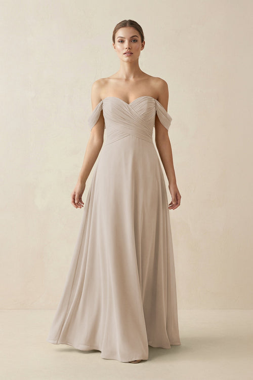 A-Line Off-the-Shoulder Chiffon Bridesmaid Dress in Frost - SHE IS ME BRIDESMAID DRESSES