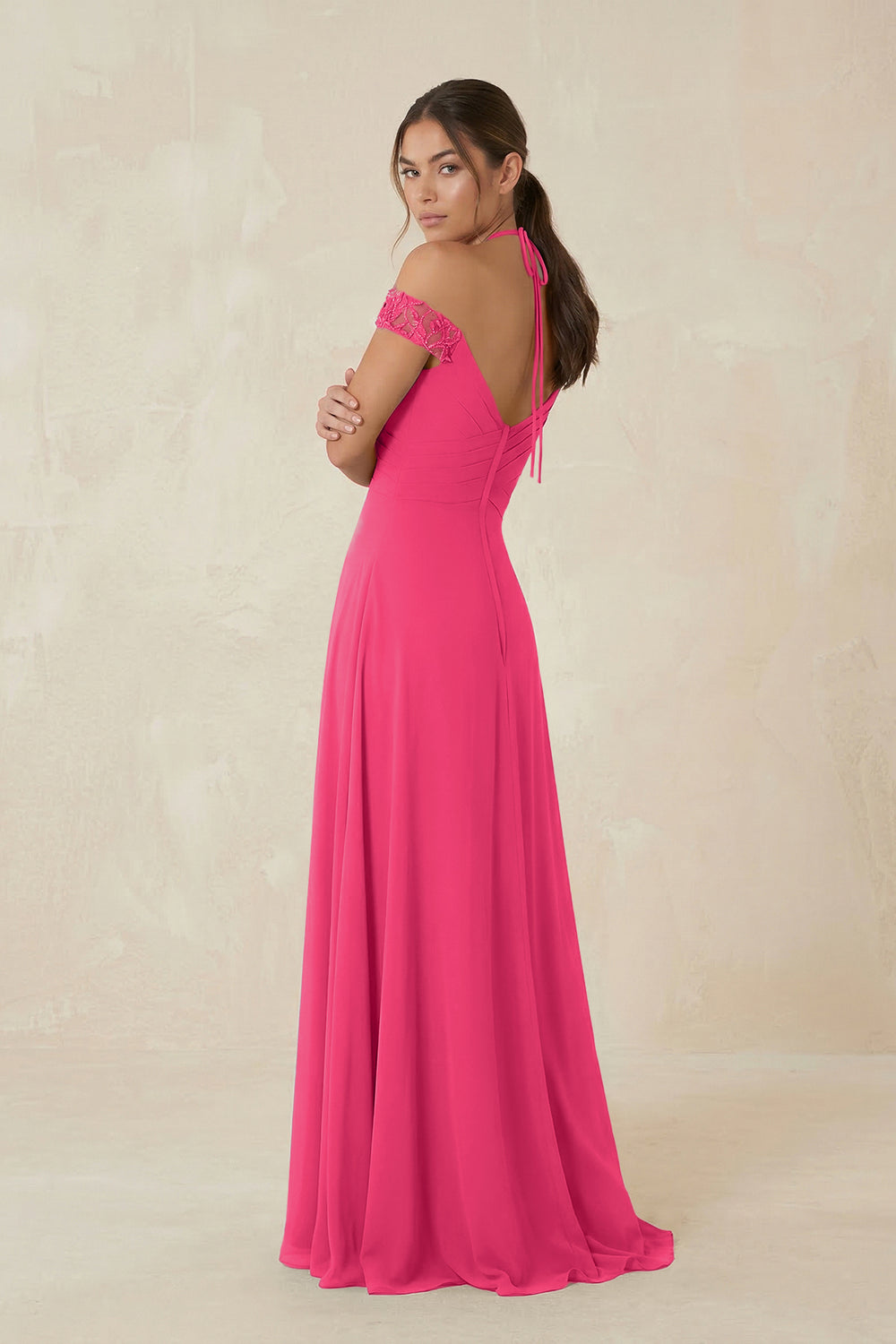 A-Line Off-the-Shoulder Chiffon Bridesmaid Dress in Fuchsia