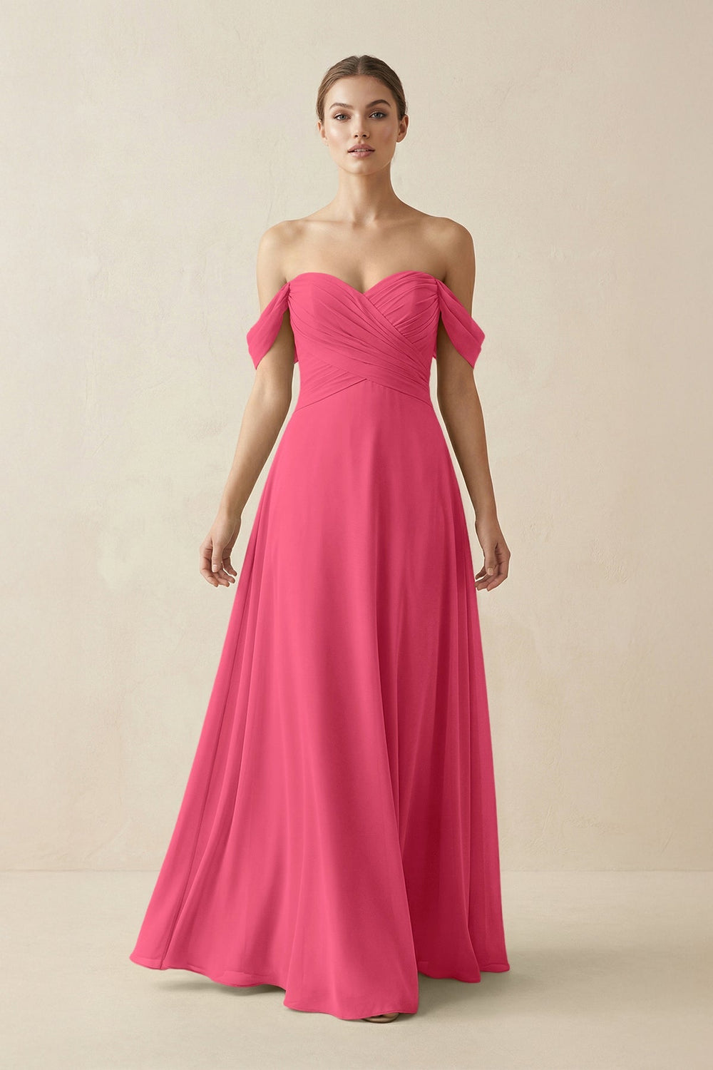 A-Line Off-the-Shoulder Chiffon Bridesmaid Dress in Fuchsia - KISS BRIDAL BRIDESMAID DRESSES
