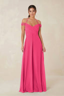 A-Line Off-the-Shoulder Chiffon Bridesmaid Dress in Fuchsia | KISSBRIDAL