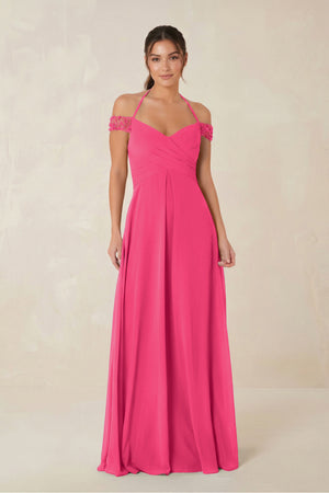 A-Line Off-the-Shoulder Chiffon Bridesmaid Dress in Fuchsia | KISSBRIDAL